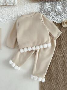 SHEIN 2 件套女婴秋冬装套装，返校，3 个月 - 3 岁，杏色休闲可爱熊刺绣 3D 装饰蝴蝶结拼接蓬松圆领长袖上衣和松紧腰运动裤，柔软时尚，适合外出和居家，可作为礼物 - 彩色 - 查看 2