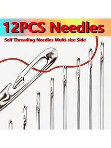 12pcs Stainless Steel Easy Thread Side Hole Sewing Needles, Hand Stitching Pins For Seniors, DIY Home Craft Supplies - White, Stitching Pins - Multicolor - View 2