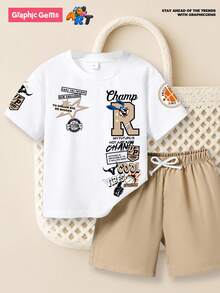 SHEIN 2件套Young Boy白色徽章印花短袖T恤和卡其色梭织短裤套装 - 卡其色 - 查看 7