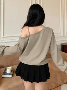 Modelyn 秋冬宽松蝴蝶结斜肩休闲短款卫衣 - 卡其色 - 查看 2
