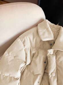 GlowEve 女士秋冬韩版粉色灯芯绒拼接领棉质羽绒服，独特设计百搭外套 - 卡其色 - 查看 3