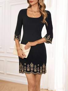 Miaspire Woman's Square Neck Elegant Slim-Fit Embroidered Dress. - Black - View 5