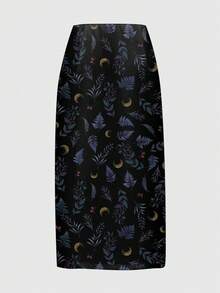 ROMWE Goth 森系深色蘑菇、太阳、月亮、星星、叶子和蕨类印花高开衩女装 - 黑色 - 查看 2