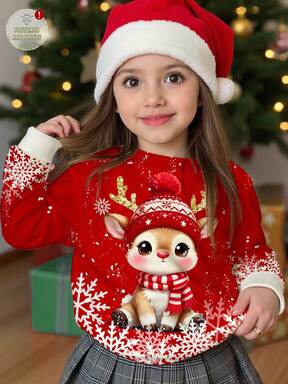 SHEIN عيد ميلاد سعيد! بلوزة كاجوال للفتيات الصغيرات بنمط كرتوني لطيف لرأس الغزال، نمط متدرج للثلوج الحمراء، أحمر عيد الميلاد الاحتفالي، بياقة مريحة فضفاضة، قطن طويل الأكمام مناسب للخريف/الشتاء، مناسب للخروجات وتجمعات عيد الميلاد