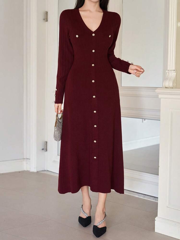 Women's Elegant Solid Color V-Neck Faux Pocket Sweater Dress, Autumn/Winter,New Year