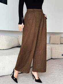 Modelyn Plus Size Solid Color Fold Pleated Pocket Casual Wide Leg Pants - Brown - View 4