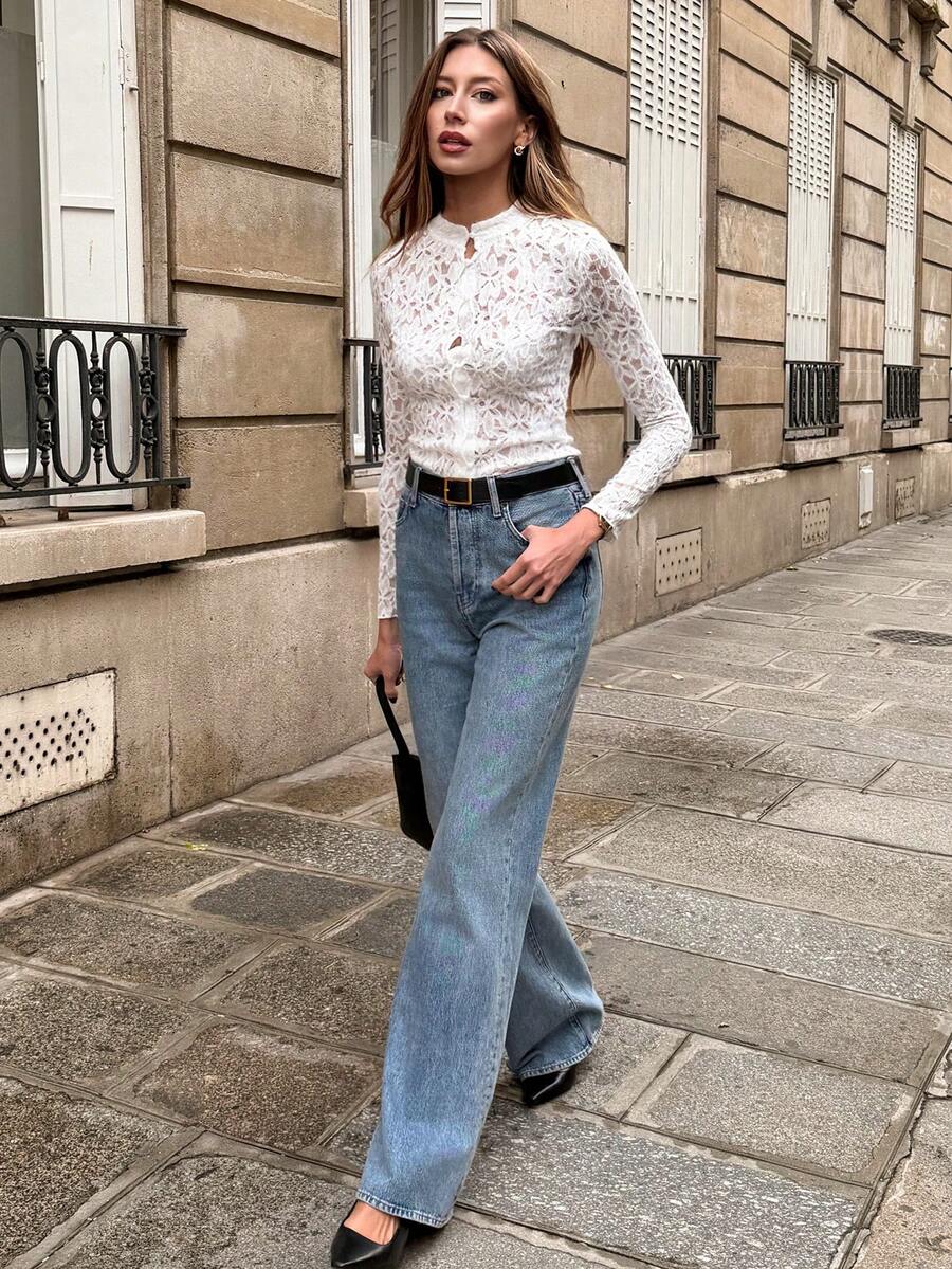 SHEIN PariChic 2025 Autumn/Winter New Lace Garden Hollow Elegant Button Stretch Slim Fit Long Sleeve Mandarin Collar White Base T-Shirt, Soft And Skin-Friendly Fabric, Slim Fit And Slimming, Women's Autumn/Winter New T-Shirt, French Elegant Top, Women's Autumn/Winter New, Women's Autumn/Winter, Women's Layering, Women's Versatile Commuting Base Layer Top, Women's Autumn/Winter New Apparel. Wide Leg Jeans High Waist Denim Outfits For Women French Style Clothes