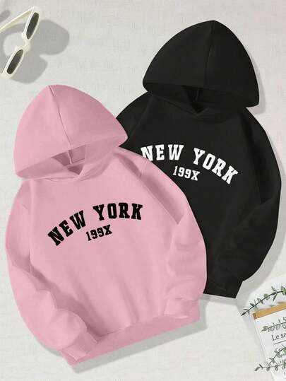 Hoodie mujer estampada sudadera gorro capucha puños acanalados calientita cómoda diario gráfico al frente ciudad New York Nueva York números 199x urbana