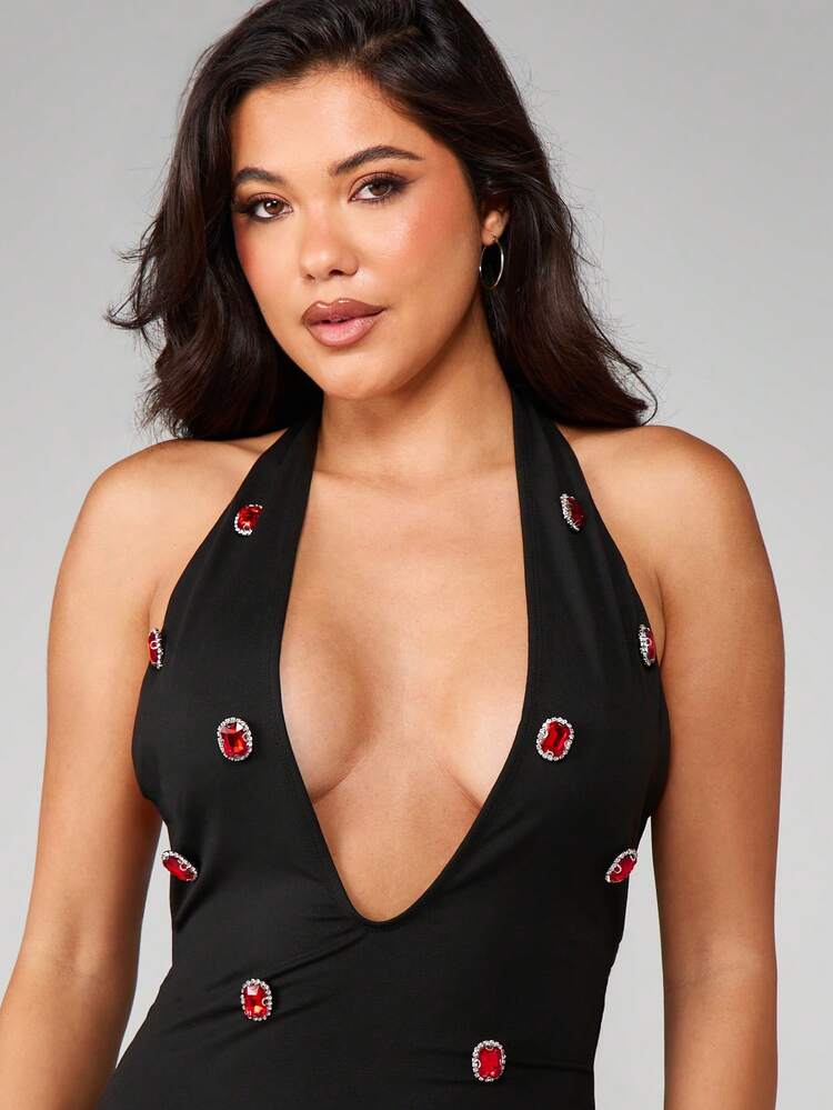 MISSGUIDED Halter Neck Bodycon Mini Dress With Red Crystal Embellishments Deep Plunge Neckline Party Evening Occasion