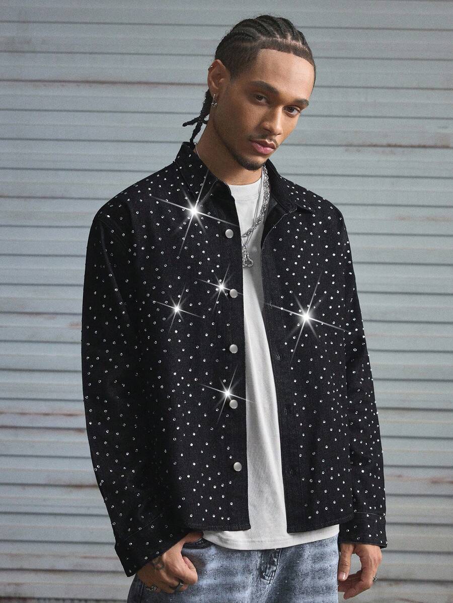 AXEPEAK Men's Autumn Rhinestone Embellished Single-Breasted Casual Denim Jacket, Long Sleeve Top - Black - View 1