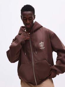 SUMWON Regular Men's Brown Full-Zip Hoodie With Drawstring Hood Centre Pocket Logo Branding Comfortable Casual Sweatshirt For Fall Winter Daily Wear Layering - Brown - View 3