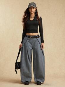 Easelle 休闲复古低腰直筒阔腿弹力腰格子女裤 - 藍色 - 查看 5