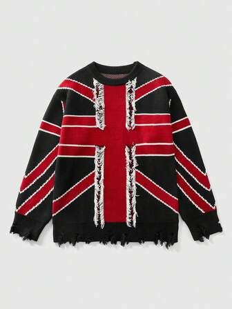 Street Life Fashionable Vintage Flag Intarsia Knit Sweater, Casual Loose Fit Pullover For Men, Winter