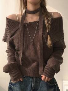 DAZY 女士翻领露肩修身短款毛衣 - 棕色 - 查看 6