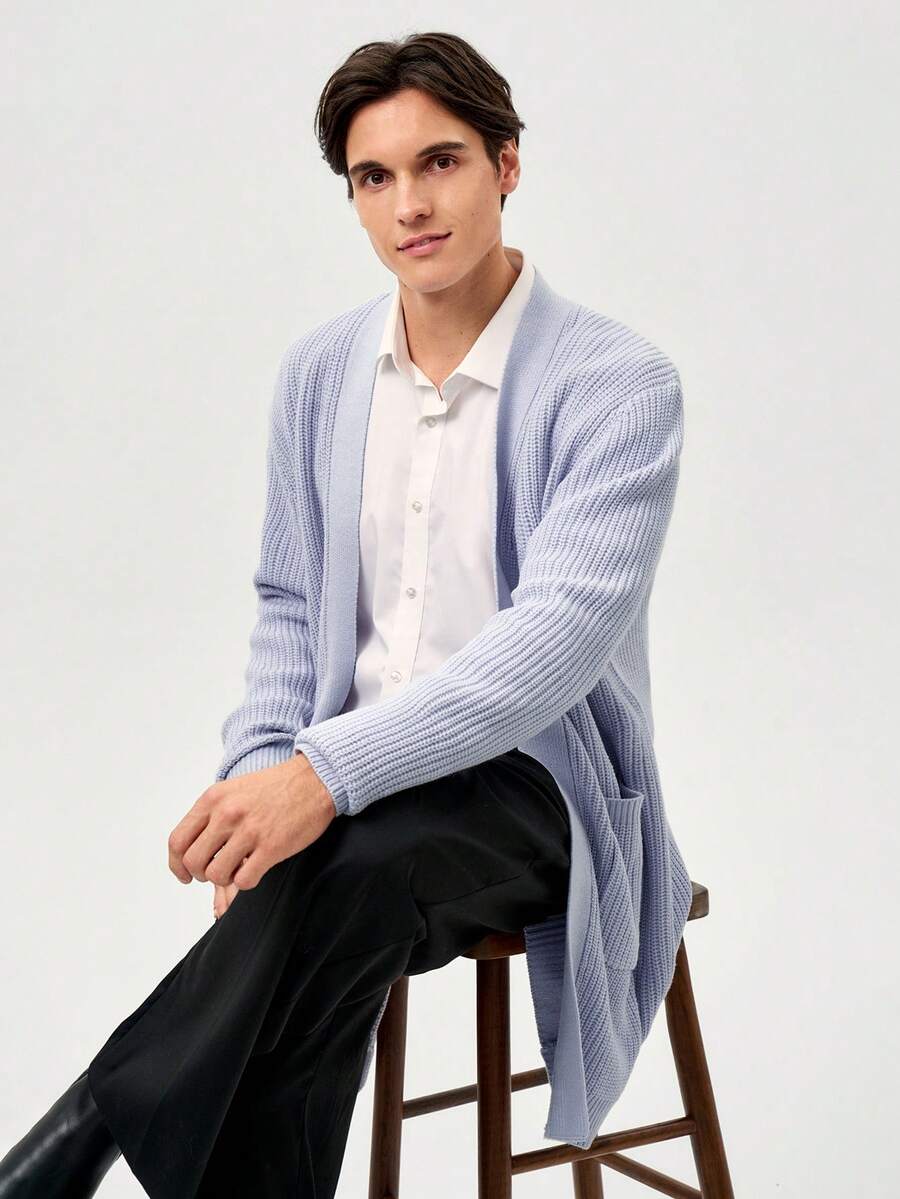 RONVEXI Loose Fit Men's Solid Ribbed Knit Duster Cardigan - Dusty Purple - View 1