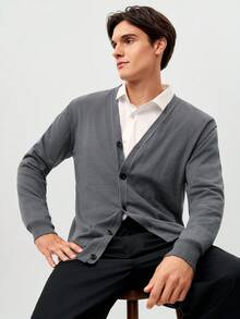 RONVEXI 男士纯色落肩长袖V领休闲针织开衫 - 深灰色 - 查看 5