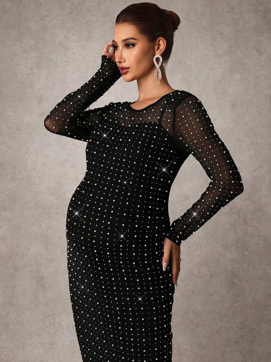 MaterniChic Elegant Contrast Mesh Rhinestone Embellished Long Sleeve Bodycon Maternity Dress, Autumn - Black - View 1