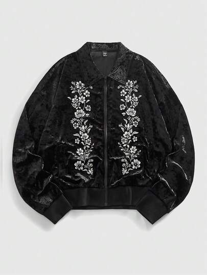 Street Life Men's Casual Vintage Velvet Floral Embroidered Jacket, Autumn