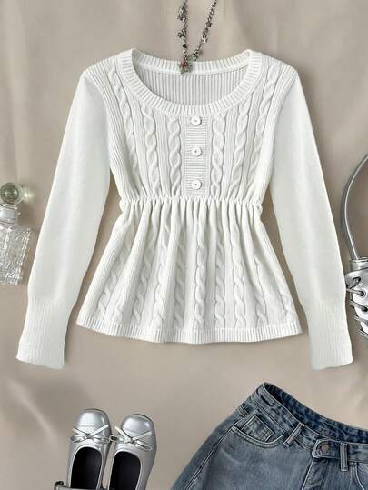 SHEIN 1 st. trendig flicktröja med rund halsringning, kabelstickad, texturerad och avslappnad långärmad, normal tjocklek, volang i fåll och ärmslut, mjuk och slitstark, vit tröja i dockstil, lämplig för vardagsbruk, utflykter och sammankomster på hösten/vintern
