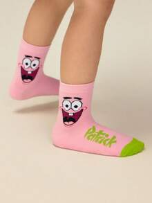 SpongeBob SquarePants | SHEIN 2双装纯棉柔软透气吸湿儿童中筒袜，黄粉色可爱卡通图案，加固趾部和后跟，经久耐穿，男女通用，四季皆宜，适合学校和户外活动，夏季和冬季均可穿着。帕特里克 - 彩色 - 查看 5
