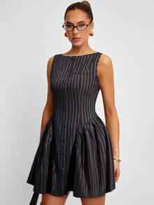 Avenya 单肩棕色条纹纽扣褶裥修身公主裙，优雅性感连衣裙 - 黑色 - 查看 4