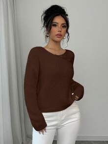 Rafferiza Suéter casual holgado de mujer de cuello redondo, manga larga y hombros caídos, de unicolor, para otoño/invierno - Café integral - Ver 4