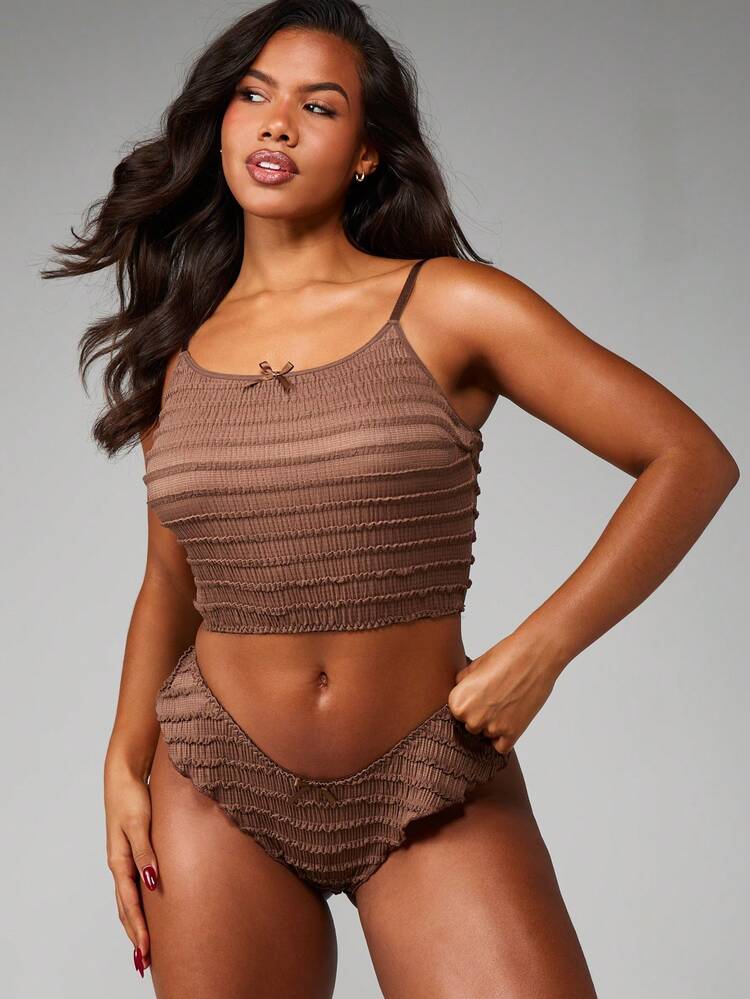MISSGUIDED Textured Frill Cami Top And Brief Underwear Set Ruched Fabric Intimate Lingerie Collection For Evening