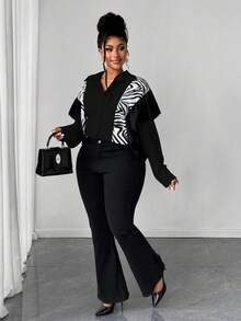 Maweii Plus Size Autumn Casual Patchwork Zebra Print Ruffle Trim Front Button Shirt - Black - View 5
