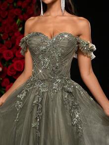 Glamrae Elegant Vanilla Green Off Shoulder Luxury 3D Applique Super Flared A-Line Dress With Adjustable Tie, Suitable For Dates, Singles Parties, Weddings, Vacations, Back To School, Photoshoots, Birthdays, Formal Occasions - Olive Green - View 3