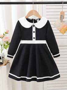 Elladie kids 1件女童休闲领口刺绣拼色针织连衣裙 - 黑色 - 查看 3