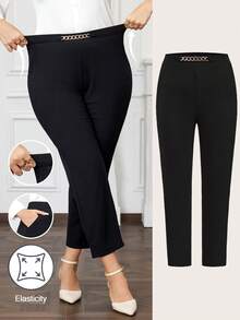 Ellevyn Pantalon pour femmes grande taille, élégant, noir, polyvalent, avec poches, décoration de chaîne métallique à la taille. Convient pour le travail, les femmes d'affaires professionnelles, le bureau. Pantalon à taille haute élégant pour femmes, pantalon noir pour femmes avec courbes et petite taille, pantalon avec strass - Noir - Voir 11