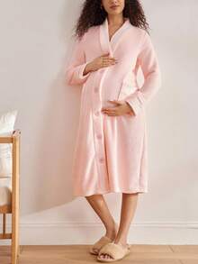Moonlight&Mama Bộ đồ mặc nhà bằng vải nỉ mềm mại, màu trơn, cài cúc phía trước dành cho bà bầu, thích hợp cho mùa Thu/Đông. - Bụi hồng - Xem 6