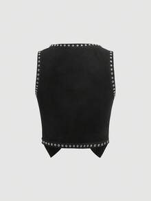 SHEIN MOD Studded Detail Tie Front Vest Black Jacket Without Blouse, Western Wear Women Outfit In Fall/Winter - Black - View 3