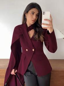 Elyressa Blazer de mujer estilo francés para ir al trabajo, con cuello de solapa asimétrico, manga larga y cintura ceñida, con decoración de hebilla de metal - Rojo violeta - Ver 4