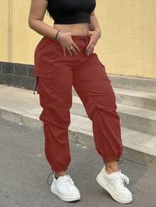 POPSWAY Pantalones cargo de talla grande de unicolor casual con cordón y múltiples bolsillos - Rojo - Ver 1