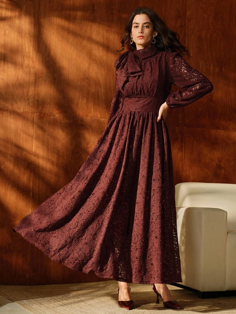 Elegant Long Sleeve A-Line Maxi Knit Lace Dress, Wine Red, Suitable For Christmas, Valentine's Day, Autumn/Winter
