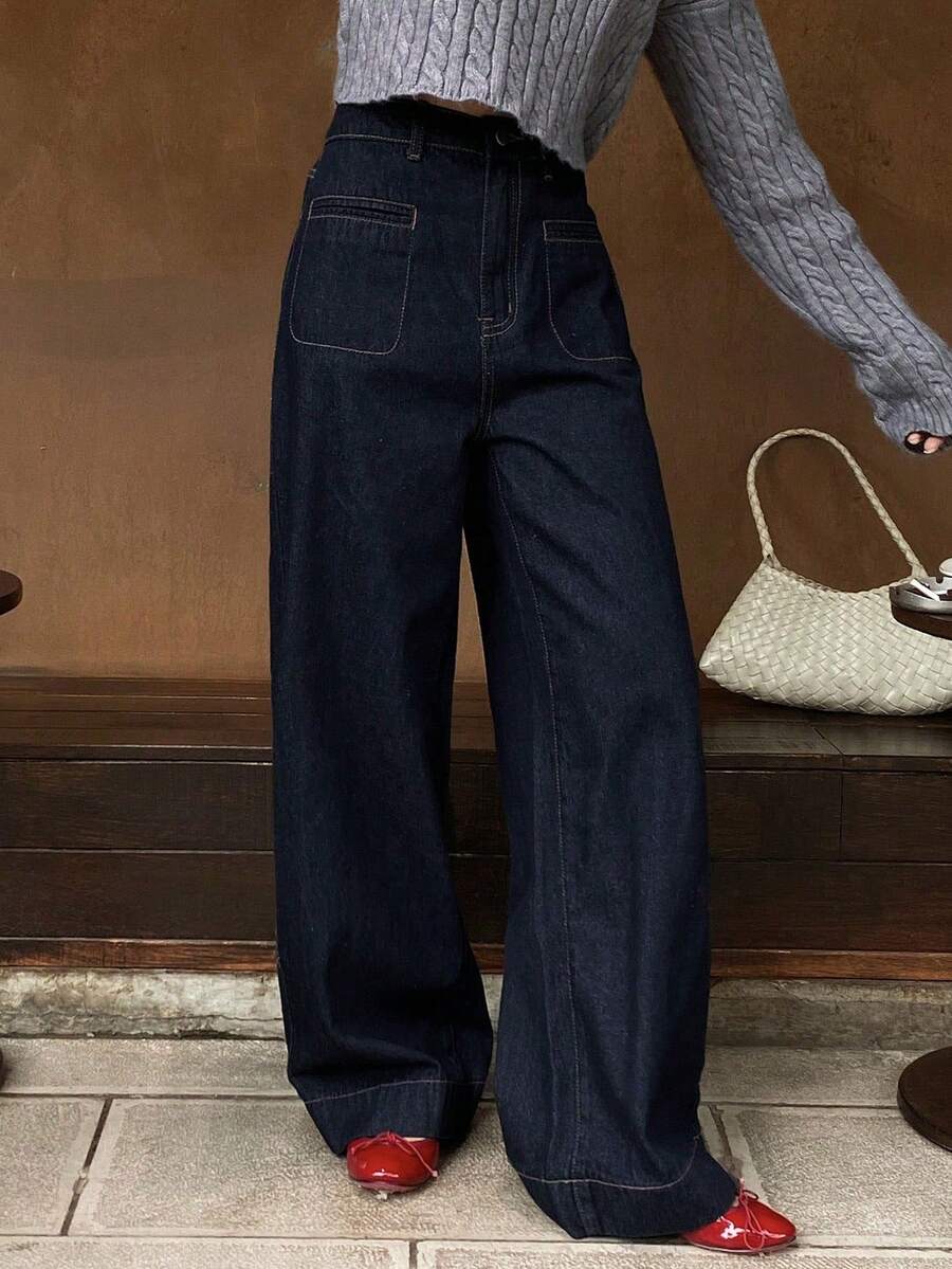 Livesso Women's Casual Loose Wide Leg Jeans - Navy Blue - View 1