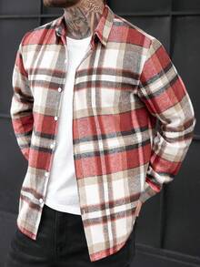 Manfinity CasualCool 男士休閒格紋前扣長袖襯衫，秋季法蘭絨男士必備單品，送禮街頭穿搭襯衫外套 - 彩色 - 查看 3