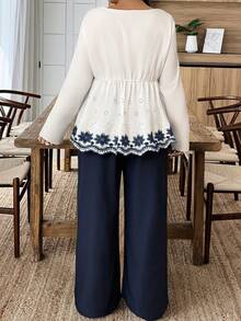 EMERY ROSE Plus Size Women's Contrast Color Embroidered Ruffle Trim Square Neck Casual 2 Pieces Set, Autumn/Winter - Blue and White - View 2