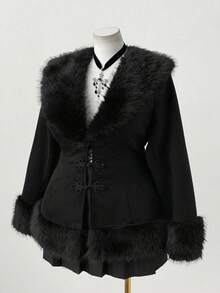 SHEIN CURVE+ 大码女式毛领长袖外套，哥特风、中世纪风、复古风，适合正式场合和日常穿着。 - 黑色 - 查看 3