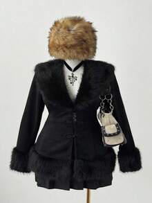 SHEIN CURVE+ 大码女式毛领长袖外套，哥特风、中世纪风、复古风，适合正式场合和日常穿着。 - 黑色 - 查看 4