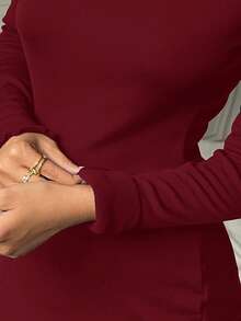 SHEIN EZwear 女士黑色针织弹力加厚修身连衣裙，秋冬款 - 酒紅色 - 查看 4