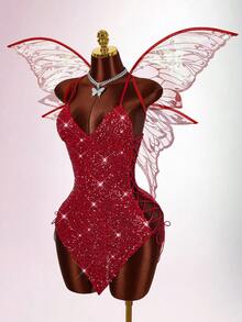 Amplova 万圣节仙女 COS 亮片镂空交叉绑带女装 - 紅色 - 查看 4