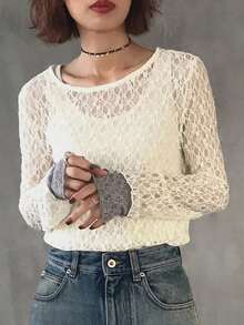 FRIFUL Women's Contrast Color Round Neck Long Sleeve Sheer Lace Fabric Layered Casual Versatile Top, Autumn/Winter - White - View 7