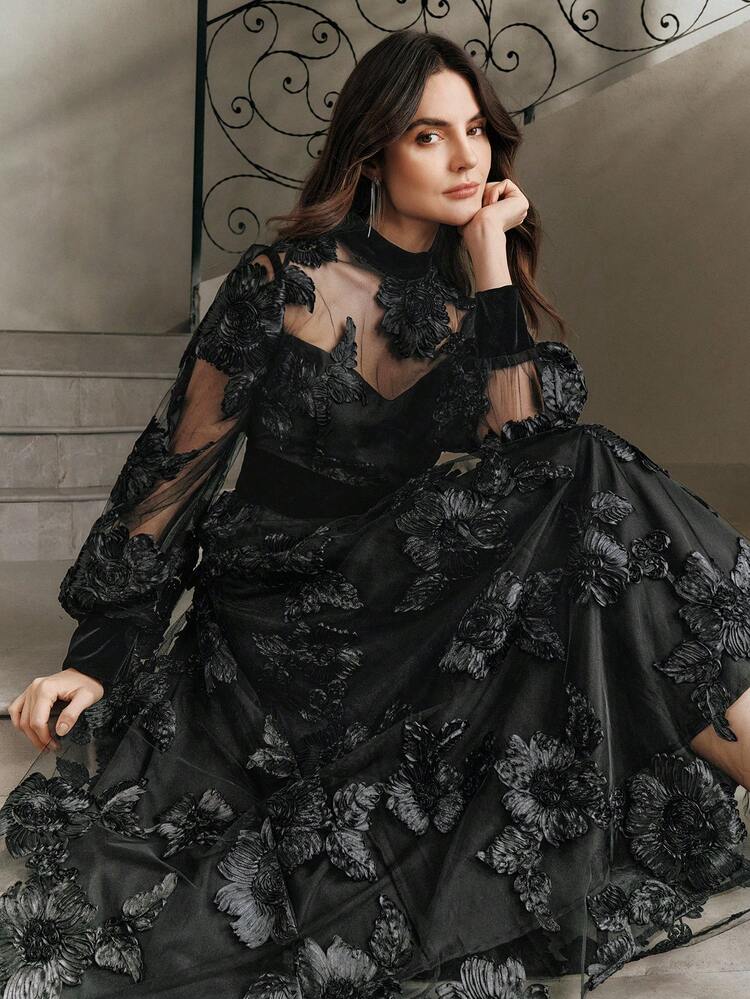 Vestido Longo Elegante Feminino com Tule Preto e Cintura Bordada, Adequado para Banquetes e Festas, Outono/Inverno