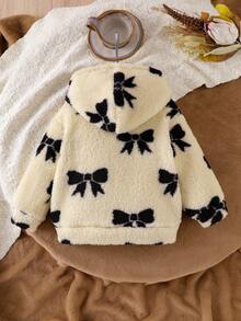 Young Girls Cute Apricot Bow Fashionable Comfortable Autumn/Winter Hooded Long Sleeve Jacket, Children Cozy Versatile Fluffy Winter Single-Breasted Hooded Cardigan Outerwear - Apricot - View 2