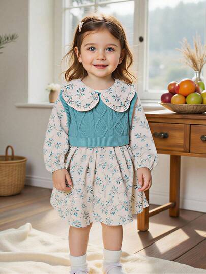SHEIN Playful Pals Váy len chắp vá họa tiết hoa cho bé gái cổ Peter Pan, mềm mại và thoải mái, phù hợp cho mùa xuân/thu, đa năng để mặc hàng ngày, du lịch ngoài trời và nghỉ dưỡng