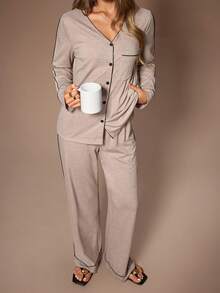 Lazeform Women's Casual Solid Color Cardigan And Pants Loungewear Set, Fall & Winter Clothes - Khaki - View 3