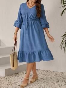 Miaspire 大码休闲纯色荷叶边抽绳腰连衣裙 - 藍色 - 查看 5