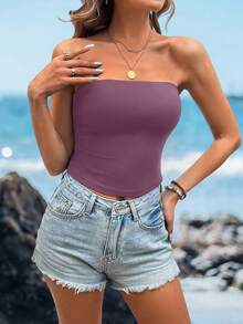 Sylviya Women Casual Solid Color Versatile Tube Top Bodycon Tee, Suitable For Summer Suitable For Going Out - Dusty Purple - View 4